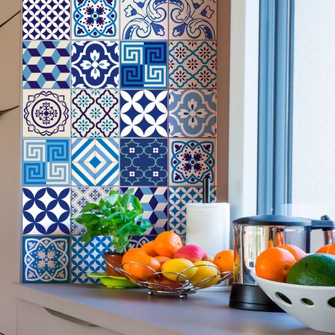 Sticker Mural Carrelage adhésif Cuisine Salle de Bain - 24 STICKERS CARREAUX DE CIMENT AZULEJOS LENDRO - 24stickers10x10cm (1/5)
