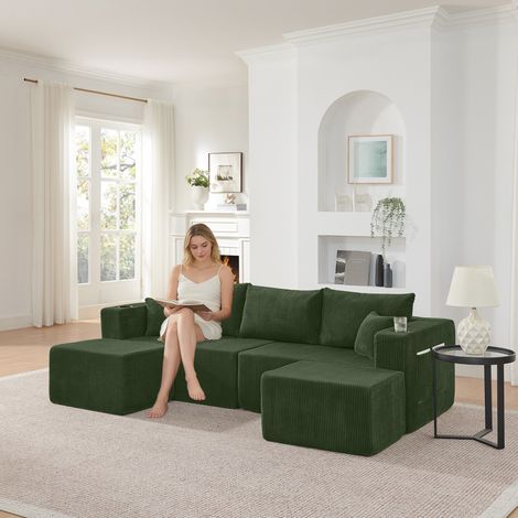 3-Sitzer modulares Ecksofa, komprimiertes L-Form Sofa mit beweglichen Ottomanen, weicher Cordstoff, Getränkehalter, Seitentasche und Kissen, geeignet für Wohnzimmer, Hotels und Mietwohnungen, Green (1/5)