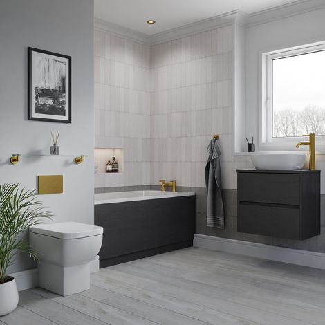 Alford 1400mm Steel Straight Single Ended Bathroom Suite including Brushed Brass Flush Plate Back to Wall Toilet and Graphite Grey Vanity Unit with Countertop Basin (1/5)