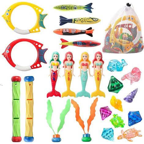 24Pcs Jouets Plongée Enfants Cadeaux, Set Jouets Plongée Piscine, Sirènes Anneaux Plongée Bâtons Jouets Algues Pierres précieuses Torpille Sac à Cordon, pour Plages Extérieures Pool Party Cadeau (1/4)
