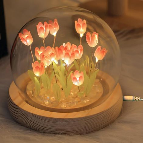 Lampe tulipe à faire soi-même Veilleuse tulipe : lampe de chevet tulipe avec couvercle en verre, lampe d'ambiance chambre à coucher lampe de table pour dormir, lampe de fleur de tulipe pour (1/5)