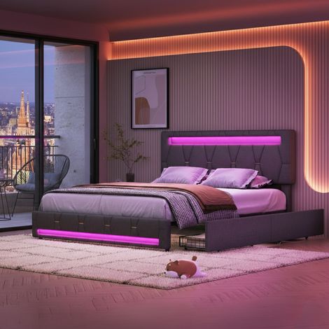 Lit double 160x200 cm avec éclairage led, cadre de lit rembourré avec 4 tiroirs, tête de lit réglable en hauteur, pour adulte chambre, gris lin (1/5)