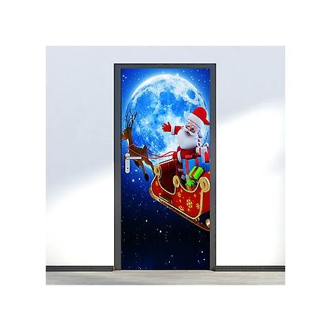 77 x 200 cm Türaufkleber, 3D-Türposter mit Weihnachtsmann, der Kindern Weihnachtsgeschenke verteilt, Vinyl-Türposter, Wandaufkleber, Tapete, Kunstdekor