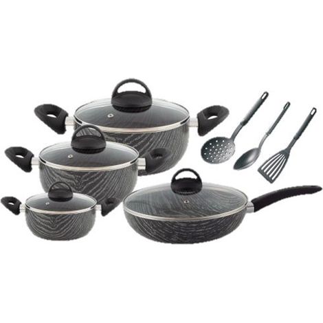 Batteria di pentole da cucina 11 pezzi in alluminio con coperchi in vetro