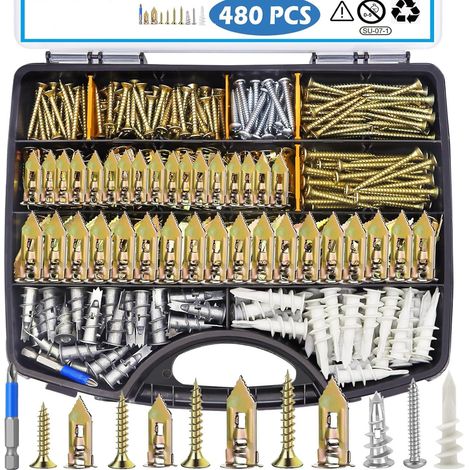 Kit de fixation pour plaques de plâtre 480 pièces, assortiment de vis autotaraudeuses et chevilles autoforeuses à expansion, vis zinguées en acier carbone classe 8.8, boîte multi-formats