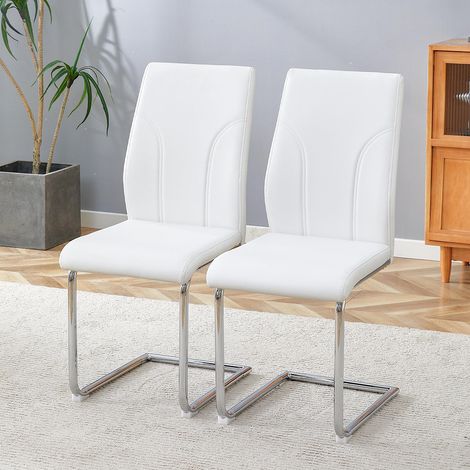 Lot de 2 chaises de salle à manger en PU, lot de 2. Pieds de chaise en métal argenté. Idéal pour les bureaux, restaurants, cuisines, salles de réunion et autres environnements, blanc (1/5)