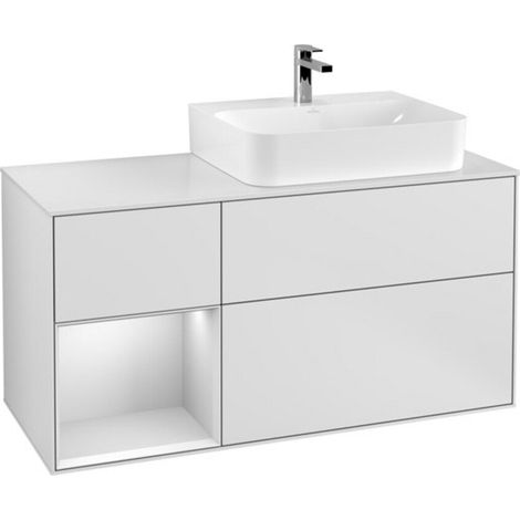 V&B Waschtischunterschrank Abdeckplatte Gl. wh. m Finion 120cm, Reg li wh. m Lac, wh. m lacquer (1/2)