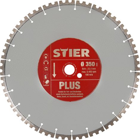 STIER Diamanttrennscheibe Plus, Ø350mm, Bohrung 25,4mm, Beton, Granit, Stein, Pflaster usm., Premium Diamant-Trennscheibe für den beruflichen Dauerereinsatz (1/5)