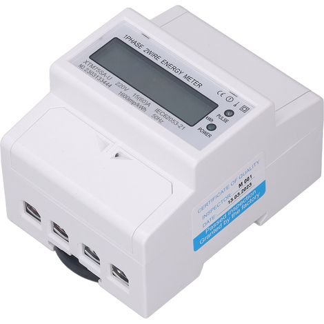 Compteur d'énergie sur rail DIN, voltmètre, ampèremètre, monophasé 4 pôles, numérique LCD, 35 mm, 220 V CC, 15 (60) A (1/5)