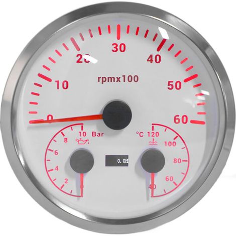 3-in-1 electric tachometer, oil pressure gauge, water temperature gauge, 4 3/8 inch, 6000 rpm, 0-10 bar, 40-120°C, 7-color backlight for camper van, yacht, truck, white dial. (1/5)