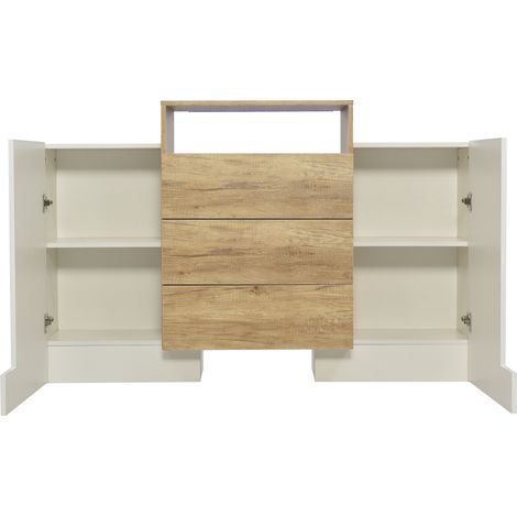 Buffet moderne 140 cm en MDF blanc laqué et couleur bois avec éclairage LED multicolore (1/5)