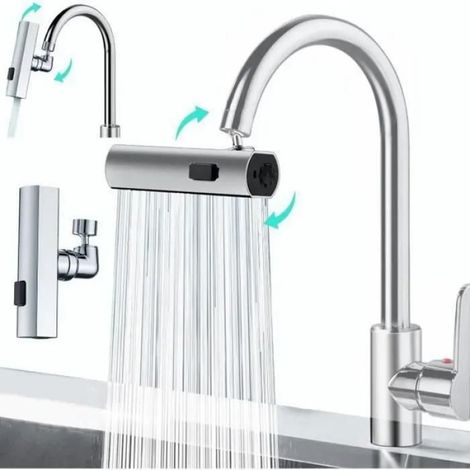Robinet de Cuisine Cascade - CALDION - Pivotant à 360° - 3 Modes - Blanc/Argent (1/4)