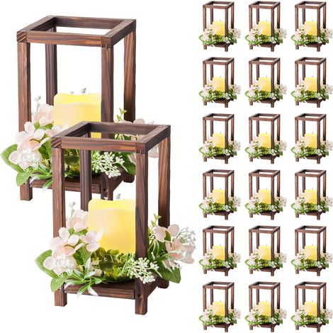 VEVOR Faroles de Madera para Bodas 20 Juegos con Velas LED y Coronas de Flores, Farolillos para Velas 140 x 140 x 254,8 mm, Candelabros para Decoración Rústica de Mesa de Boda, para Fiestas, Marrón (1/5)