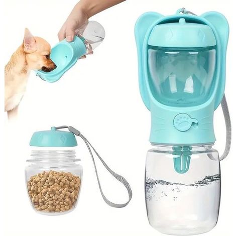 Bebedero para perros, Botella de agua portátil con recipiente para comida, Plástico ABS+PET resistente, a prueba de fugas duradero, Azul, 350 ml (1/5)