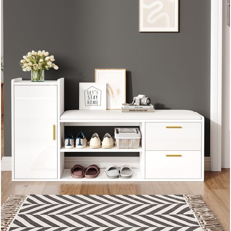 Mueble zapatero con banco acolchado brillo blanco OKMYHOME (1/5)