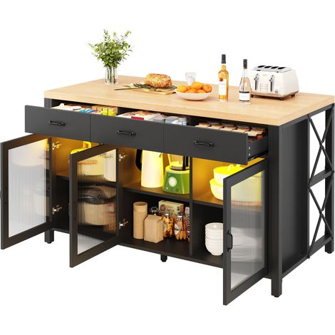 Îlot central de cuisine 150 x 80 x 90 cm, îlot de cuisine de style industriel noir et bois naturel avec trois tiroirs et portes vitrées (1/5)