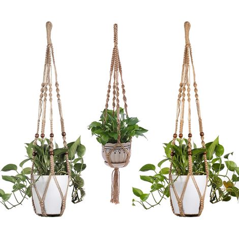 Lot de 3 Pots de Fleurs Suspendus en Macramé Supports de Plantes avec Corde Coton Murale Plafond Balcons Jardins Tailles 88 90 92 cm (1/4)