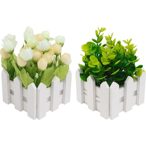 Simulated Bonsai Ornament, Elegant Artificial Plastic Flowers, 2 Pieces with Wooden Fence, Unique Decoration for Villas and Restaurants (1/5)