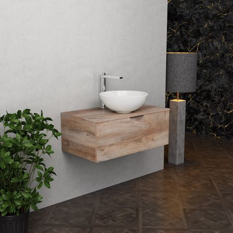 Inda - Badezimmerschrank B.80 mit Aufsatzwaschbecken / Natureiche 1 Schublade - Topazio (1/5)