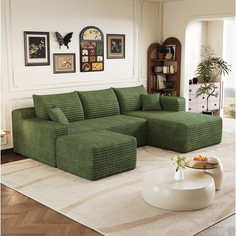 Divano angolare modulare verde in tessuto effetto velluto a coste, senza montaggio, stile minimalista,241x151x58 cm