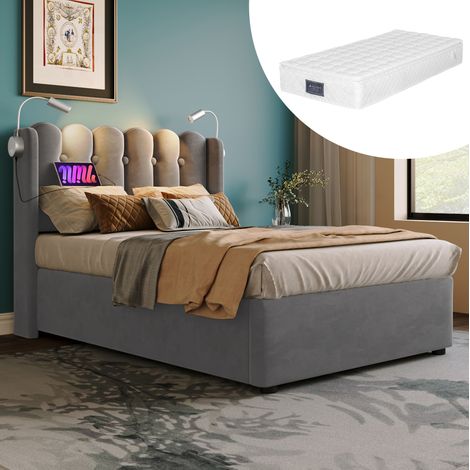Bett Bettgestell Stauraum 90x200 Samt Grau OKMYHOME (1/5)