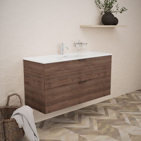 Inda - Badezimmerschrank B.120 mit glänzendem Waschbecken / Braune Eiche 2 Schubladen - Topazio (1/5)