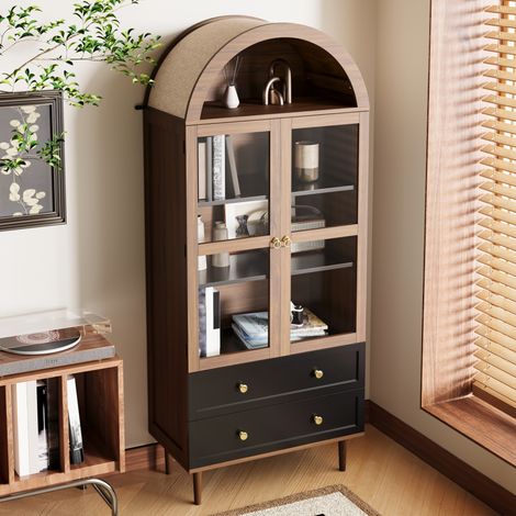 ELVMI Buffet et enfilade avec 2 Portes, Étagères Réglables, en MDF et Verre, 70 × 38 × 165 cm, Noyer (1/5)