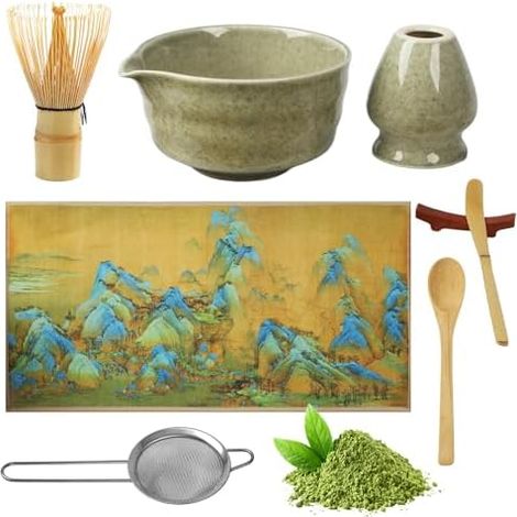 Matcha Kit,8 Pièces Matcha Set:Bol Matcha avec Bec Verseur, Fouet en Bambou avec Support, Chashaku, Support pour Chashaku, Cuillère en Bois, Chiffon Chakin, Tamis à Matcha (1/5)