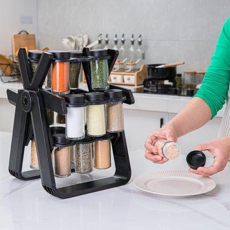Juego de almacenamiento de especias de alta calidad para la cocina: incluye 18 soportes para frascos de vidrio y un estante giratorio de 360°. (1/5)