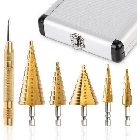 Lot de 5 forets étagés en métal avec boîte à outils en aluminium HSS - Kit professionnel avec perforation automatique des grains 4-12 mm/3-13 mm/4-20 mm/4-32 mm/5-35 mm (1/5)