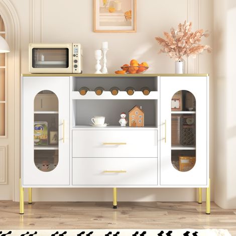 Aparador de salón, aparador blanco con 2 cajones, 2 puertas, frentes de vidrio y vinatera, base ajustable, para comedor, salón (1/5)