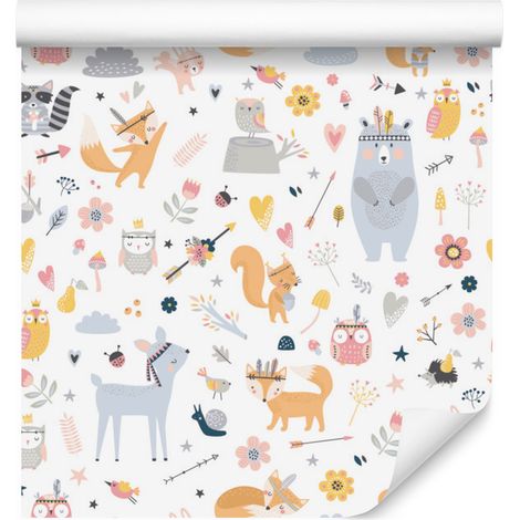 Carta da parati con allegri animali del bosco per soggiorno e camera da letto, 50x1000 cm (1/5)