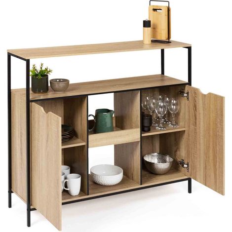 Idmarket – Meuble bar industriel avec 2 étagères et 2 placards – Longueur 113 cm x Largeur 30 cm x Hauteur 94 cm – Structure métal et bois clair (1/5)