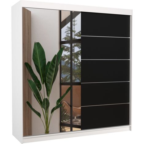 Les Tendances – Armoire adulte 200 cm 2 portes coulissantes avec miroir – Penderie centrale et étagères réglables – Bois mat et miroir – Blanc/Noir (1/5)