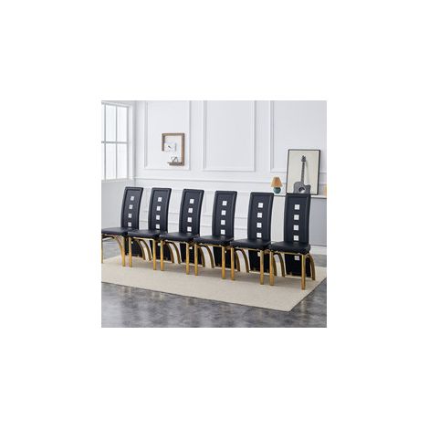 Lot de 6 chaises de salle à manger en cuir régénéré noir, dossier à motifs géométriques ajourés, pieds en métal doré, confortables et modernes pour salon – CHICFURN (1/5)