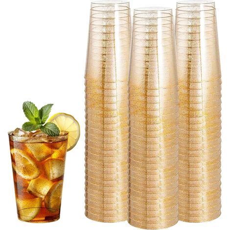 Lot de 50 gobelets en plastique de qualité supérieure - Réutilisables - 300 ml - En plastique rigide - Avec paillettes dorées - Pour fête, mariage, anniversaire (1/5)