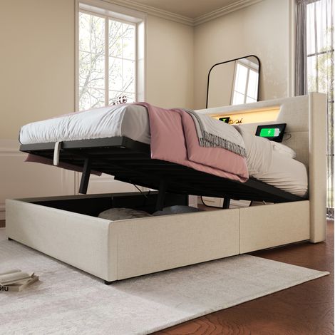 Letto matrimoniale 160x200 in tessuto beige, contenitore per camera, senza materasso - FLORAGRACE (1/5)