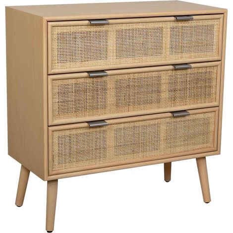 Comoda de madera y rejilla de rattan de 3 cajones marrón 75x35x78h cm (1/5)