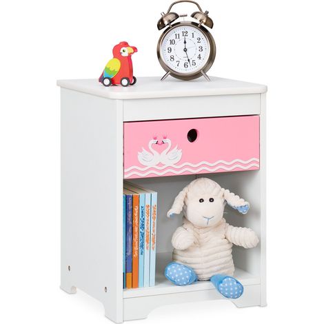Relaxdays Nachttisch Kinder, Schwan-Design, Schublade & Staufach, Nachtschrank Kinderzimmer, HBT: 41x32x31cm, weiß/rosa
