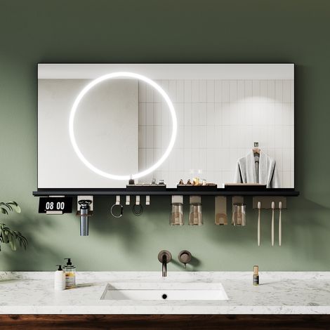 ELEGANT Anti-Fog Bathroom LED Mirrors with Storage Shelf, Dimmable 3 Colour Lighting, Stylish Black Frame, 1200x600mm