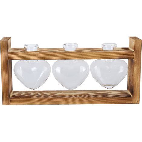 Pot fleur innovant cadre bois vintage – 3 bouteilles forme cœur – vase transparent – table