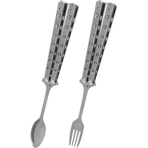 2 Stück Schmetterling Gabel und Löffel Set, Multifunktions Faltbarer Löffel mit Aufbewahrungstasche für Küche BBQ Camping Reisen Outdoor (1/4)