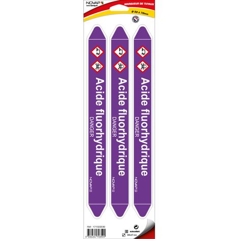 Planche de 3 marqueurs de tuyauterie 355 x 37 mm pour Ø 50 à 70 mm - Acide fluorhydrique - 4708591