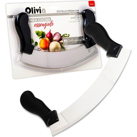 Couteau Hachoir Demi Lune avec Lame Incurvée en Acier Inoxydable - Couteau Monogame pour couper les Légumes, Herbes, Viandes, Aliments, Pizza - Manche Ergonomique - Coupe Précise et Efficace (1/5)
