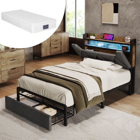 CHICFURN Cama individual 90x200 cm de tela gris con cabecero con almacenaje y LED, sin colchón (1/5)