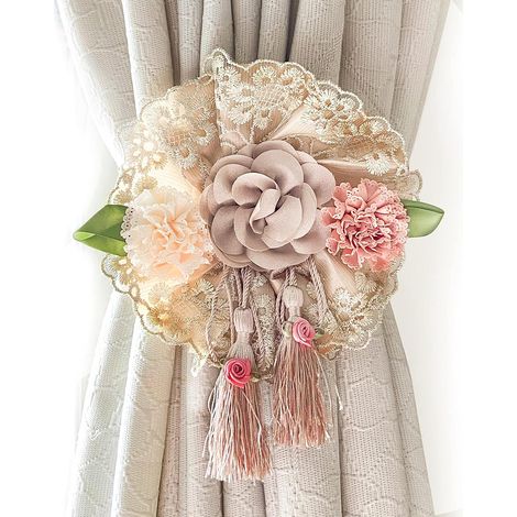 Attache Rideau - Fleur Décorative et Pompon - Pour Rideaux Épais ou Légers - Usage Intérieur et Extérieur - Lot de 2 (1/5)