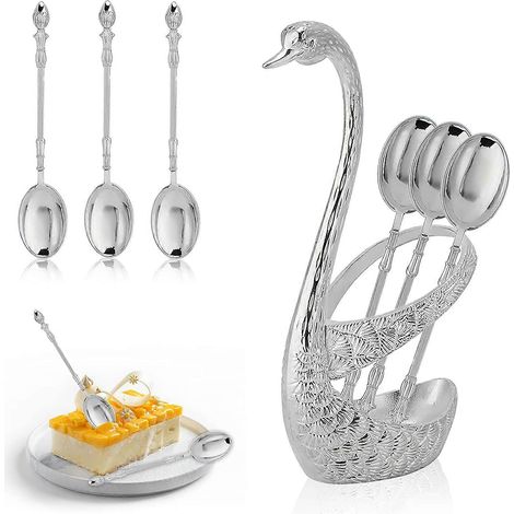 Ensemble de 6 cuillères en acier inoxydable, cuillères à dessert avec support en forme de cygne pour thé, café, gâteaux et glaces. (1/5)