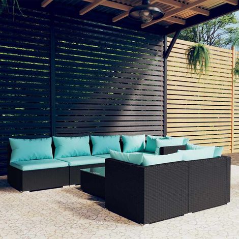 Salon de jardin 8 pcs Ensemble Table et Chaise de Jardin - avec coussins Noir Résine tressée BV780289 - BonneVie (1/5)