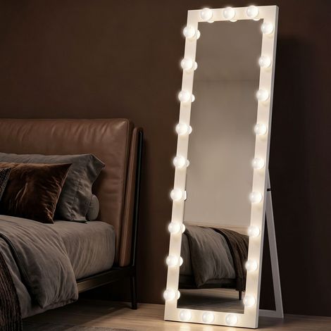 Miroir pleine longueur 150 x 40 cm, miroir LED avec 24 ampoules, 3 couleurs de lumière. À poser ou à incliner, blanc. (1/4)
