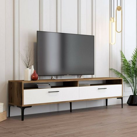 Dmora - Mueble de televisión Eltanin, Aparador de salón, Mueble bajo para TV, Base de pared equipada, 47x35h180 cm, Nogal y Blanco, con embalaje reforzado (1/5)